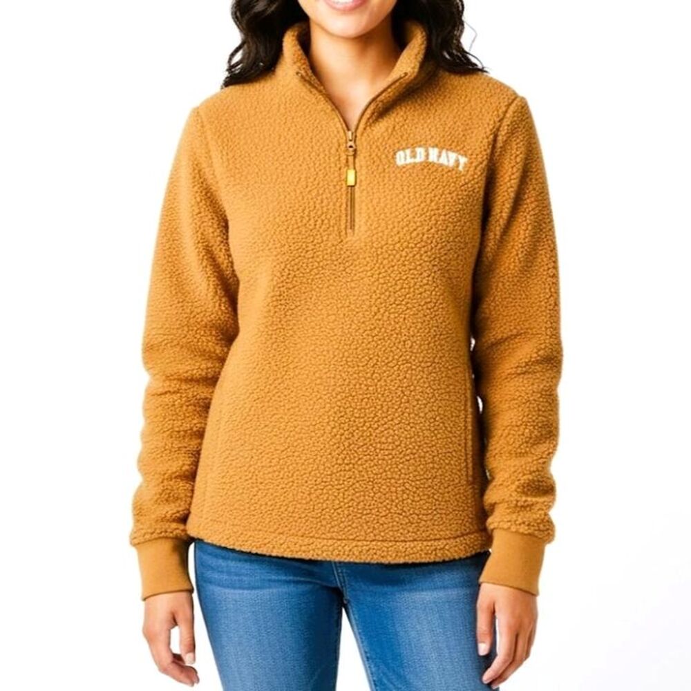 OLD NAVY Fleece Quarter Zip Pullover Yellow Mustard/Brown Pockets Women Medium